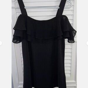 Susan Graver Black Premier Knit off-the-shoulder Top with Ruffle Trim | Size XL